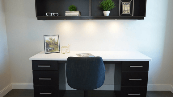 Desk and shelves—Utilize storage solutions for small spaces such as drawers in your home office.