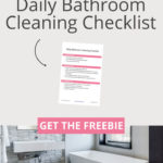 A simple daily bathroom cleaning checklist is a must to avoid arguments over hair in the sink and dirty towels on the floor. See my list of recommended cleaning products to keep the shower or tubs, toilets and tiles clean. Download this free printable to get tips for an easy 5-minute cleaning routine for the bathrooms in your house. #bathrooms #cleaning #cleaningtips #freeprintable