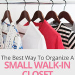 Figuring out how to organize the shelves and clothing racks in a small walk-in closet can definitely be a challenge especially if it's his and hers. What to do with all your purses, shoes, other accessories and clothes? Here are some simple space-saving tips and hacks you can use to DIY your own organization system and maximize the storage in your tiny wardrobe. #walkincloset #organize #organizing #organization #closet #clothes #clothing