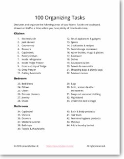 List of 100 Simple Organizing Tasks PDF that you can use to declutter your home.