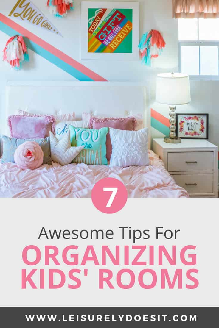 A lot of activities happen in your kid's bedroom so having an organized space makes it more functional. And, if the child's room is small or shared, it's even more important. Whether you have girls or boys, you need to include a bed and maybe a reading area with shelves for books, a desk for homework or a play area with space for art supplies, toys, legos and a massive collection of stuffed animals, here are some awesome organization and space-saving storage ideas to cut down on clutter. You'll also get free printable daily closet organizer tags you can use to separate clothes for school. #freeprintable #kidsroom #kids #bedroom #organizingtips #organize #organizing #organization