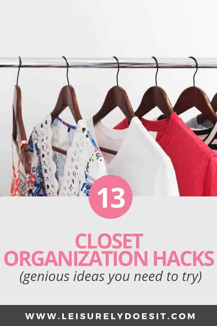 These clever closet organization hacks will get rid of clutter and maximize the storage you have for clothing, shoes and accessories. Even in your master bedroom walk in closet, you can use these organizing ideas. Space saving DIY storage solutions e.g. tension rods, hooks and drawer dividers are great for a small bedroom closet. Use these awesome tips to declutter every wardrobe at home. #organizationhacks #organizing #organizationideas #decluttering #declutter