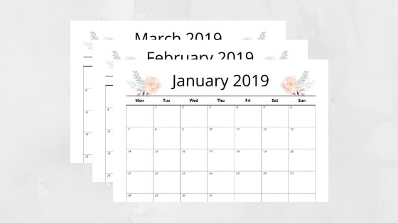 Grab this free printable 2019 monthly calendar which has a simple landscape layout and cute watercolor floral design. 