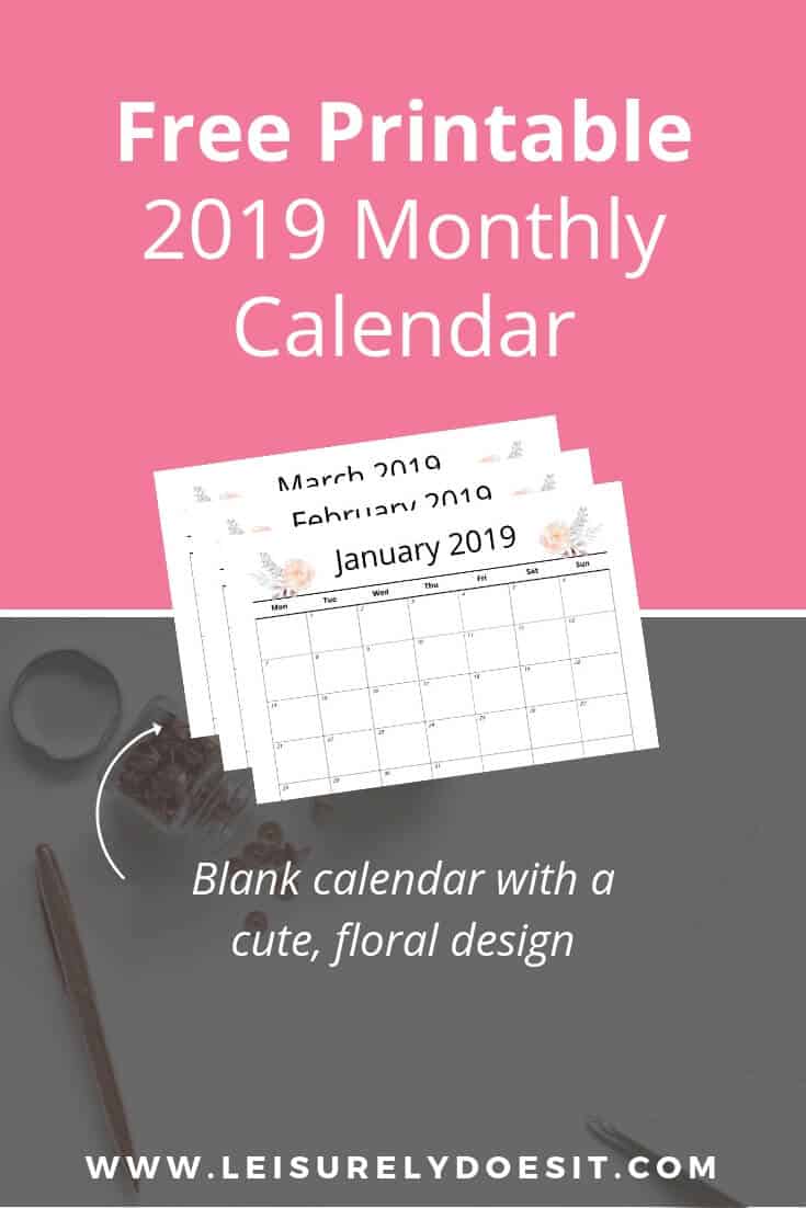 This free printable 2019 monthly calendar has a simple landscape layout and cute watercolor floral design. Use the blank calendar pages for cleaning schedules, goal setting, meal planning and keeping track of appointments, birthdays or other important dates. The possibilities are endless for this template. Add it to your binder and get your life organized in the new year. #freeprintables #monthlycalendar #2019calendar