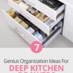 Here are seven genius organizing ideas for deep kitchen drawers and kitchen storage inspiration. #kitchendrawers #kitchenorganizationideas #kitchenstorageideas #ldi