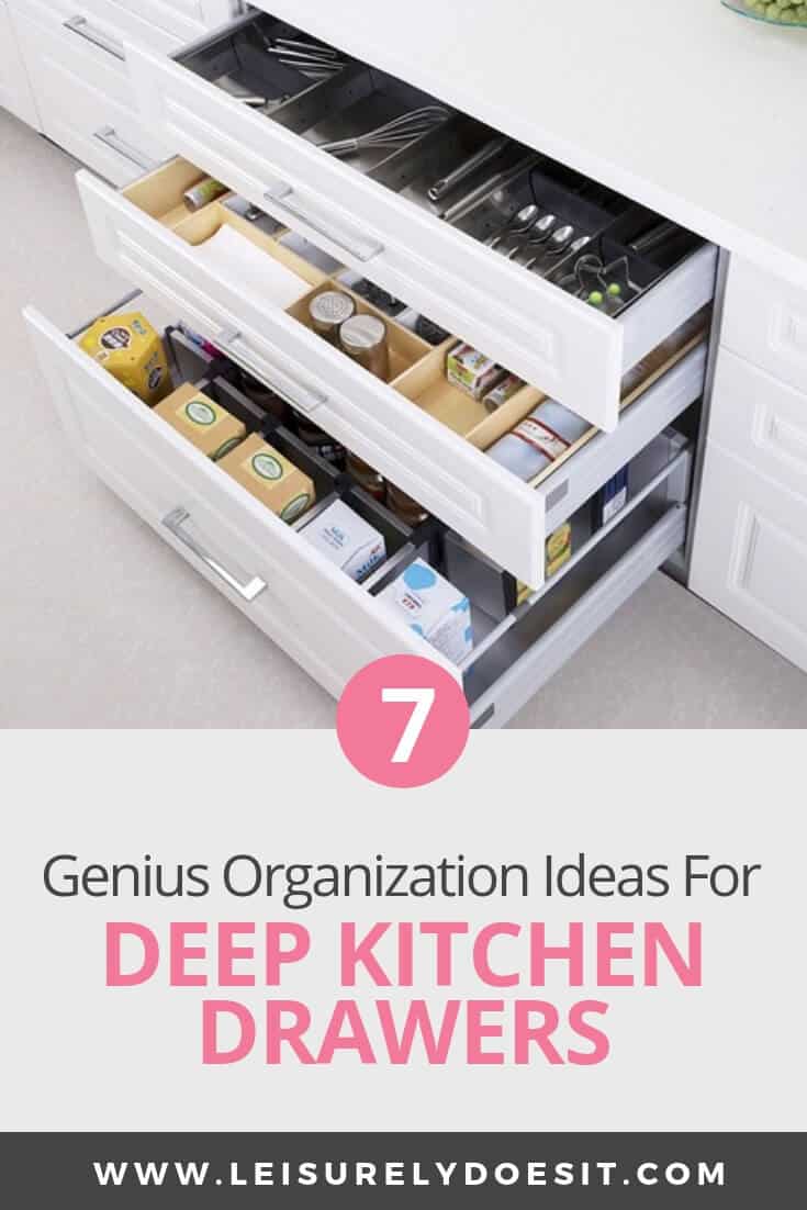 Here are seven genius organizing ideas for deep kitchen drawers and kitchen storage inspiration. #kitchendrawers #kitchenorganizationideas #kitchenstorageideas #ldi